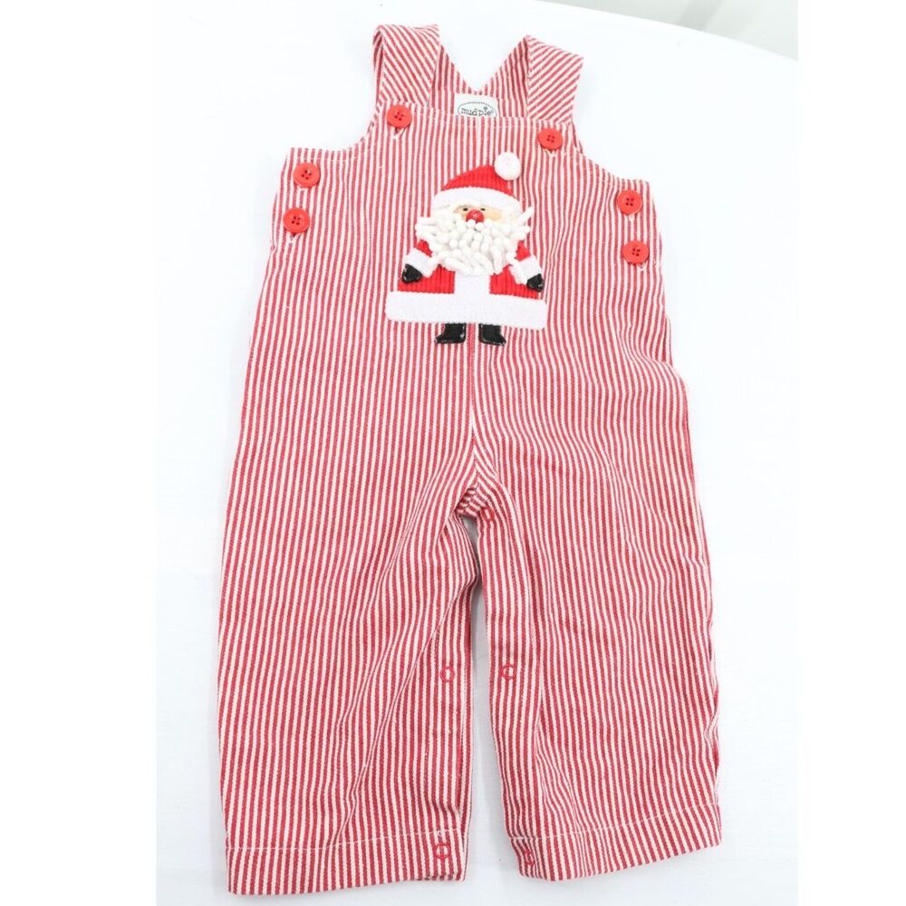 Mud pie Babys Striped Christmas Overalls Size 9-12 Months Red White Santa Clause